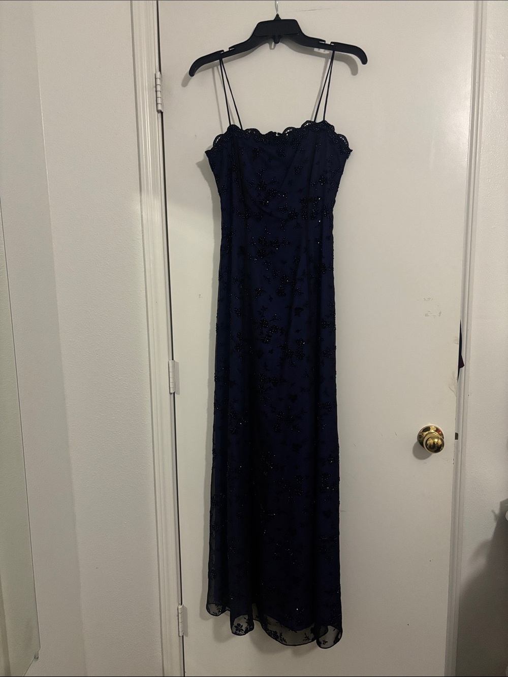 Vintage Elegant Navy Beaded Spaghetti-Strap Evening Dress